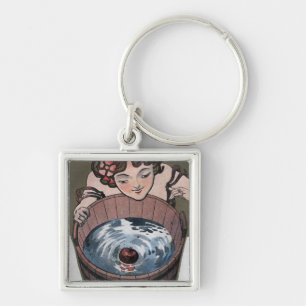 Woman Looking in Wood Barrel Key Ring