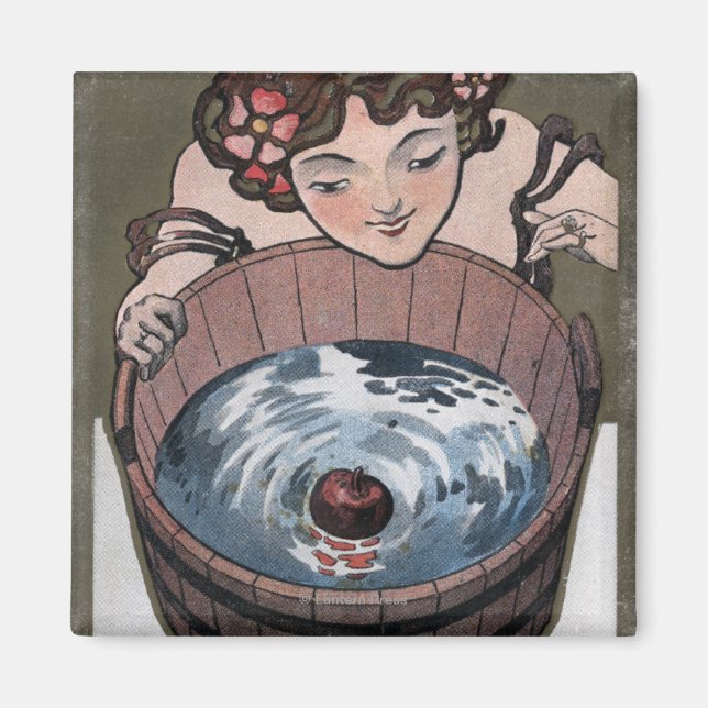 Woman Looking in Wood Barrel Magnet (Front)