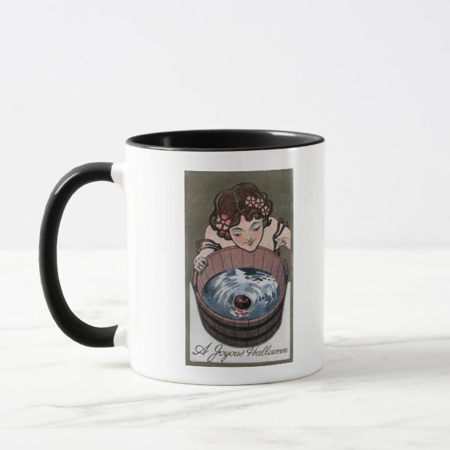 Woman Looking in Wood Barrel Mug (Left)