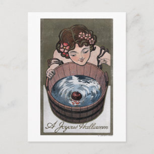 Woman Looking in Wood Barrel Postcard
