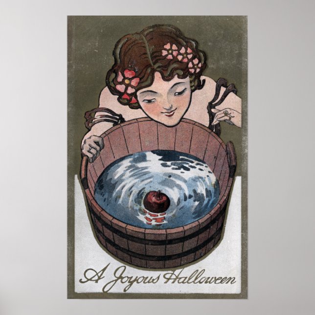 Woman Looking in Wood Barrel Poster (Front)
