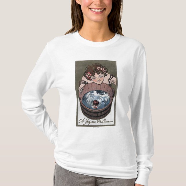 Woman Looking in Wood Barrel T-Shirt (Front)