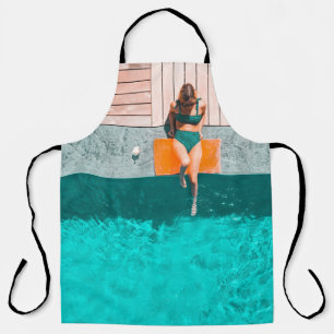 Woman lying beside swimming pool in the morning apron
