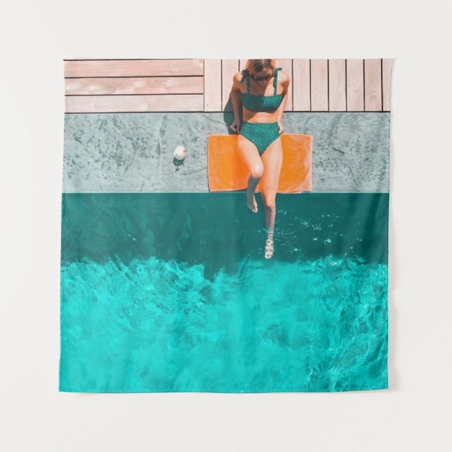Woman lying beside swimming pool in the morning tapestry (Front)