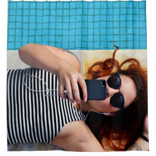 Woman lying on brown floor shower curtain