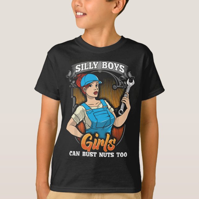 Woman Mechanic Bust Nuts Funny Adult Humour T-Shirt (Front)