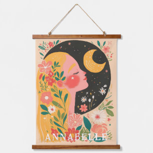 Woman & Moon Boho Floral Illustration First Name Hanging Tapestry