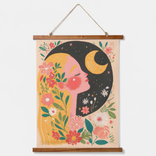 Woman & Moon Night Sky Boho Floral Illustration Hanging Tapestry