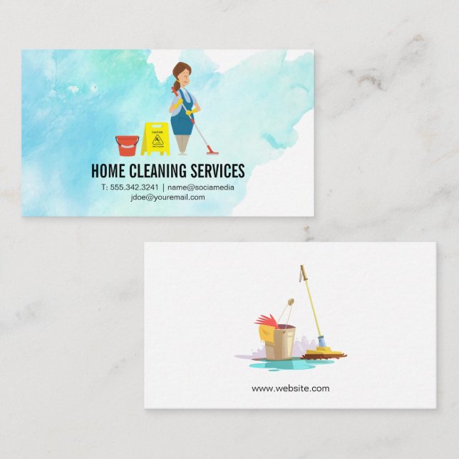 Woman Mopping | Cleaning Services Business Card (Front/Back)