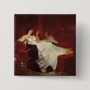 Woman on a red sofa 15 cm square badge