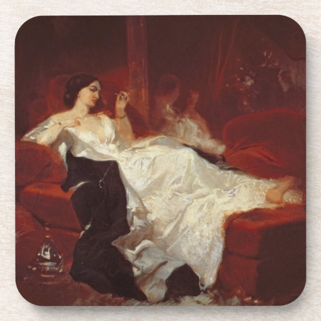 Woman on a red sofa coaster (Front)