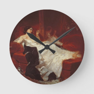 Woman on a red sofa round clock