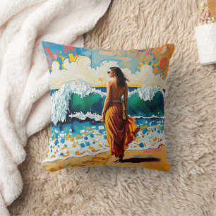 Woman on Beach Abstract Seaside Art Personalised Cushion