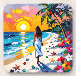 Woman on Beach Tropical Scene Coaster