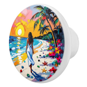 Woman on Beach Tropical Scene Personalised Ceramic Knob