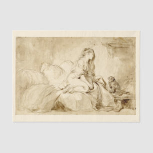 Woman on bed with her Dog Chalk Painting 1770s Tissue Paper