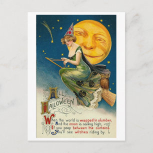 Woman on Broomstick All Halloween Postcard
