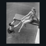 Woman on Diving Board Poster<br><div class="desc">Woman sitting on diving board, man grasping her hand (B&W), elevated view | George Marks | AssetID: 72131088</div>