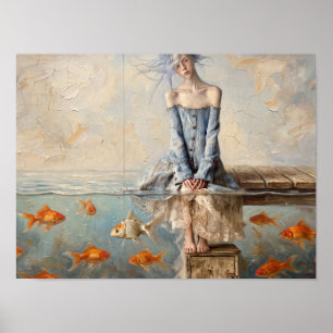 Woman on Pier with Goldfish Painting Poster