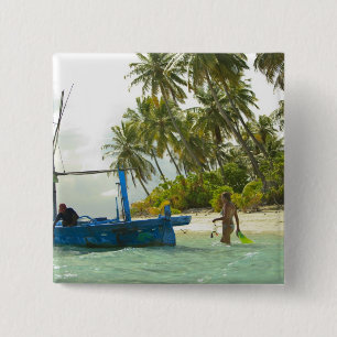 Woman on small traditional fishing boat, 15 cm square badge