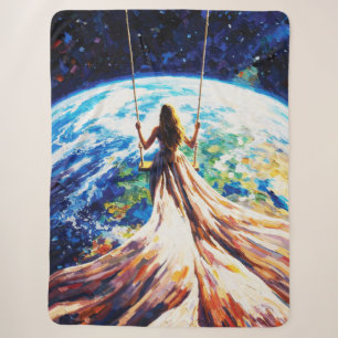 Woman on Swing Over Earth Impasto Oil Painting Sherpa Blanket