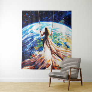 Woman on Swing Over Earth Impasto Oil Painting Tapestry