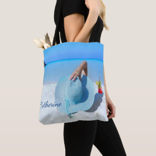 Woman On The Beach With Drink (Custom Name) Tote Bag