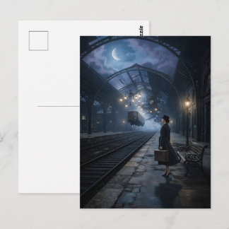 Woman on the fairy train station postcard