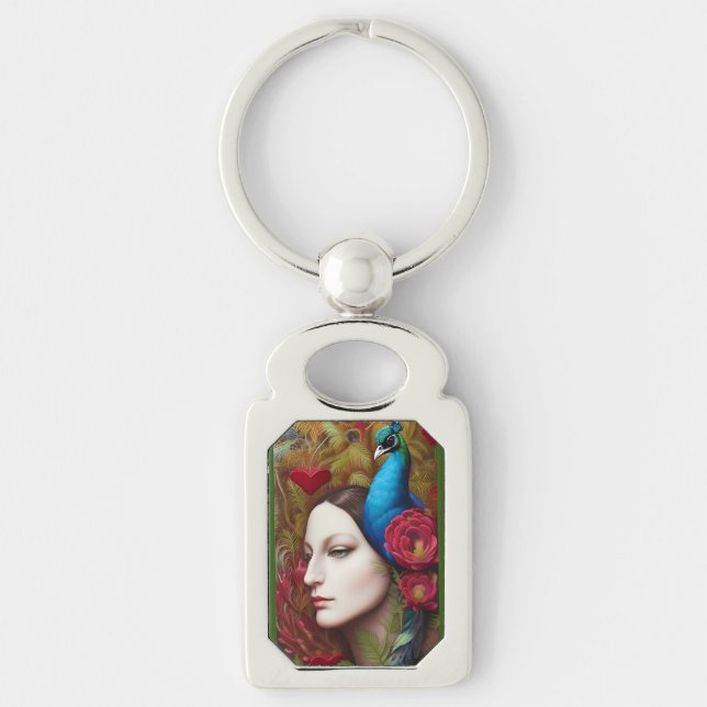 Woman, Peacock, Red flowers and heart  Key Ring (Front)