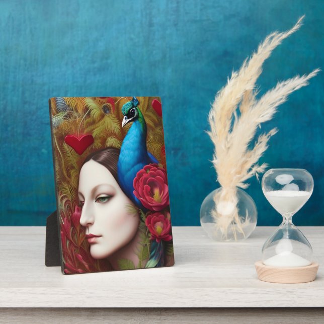Woman, Peacock, Red flowers and heart Plaque (Side)