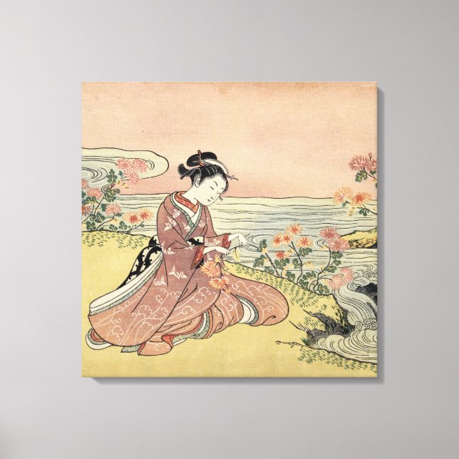 Woman picking chrysanthemums canvas print (Front)