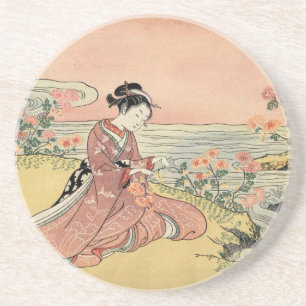 Woman picking chrysanthemums coaster