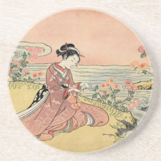 Woman picking chrysanthemums coaster