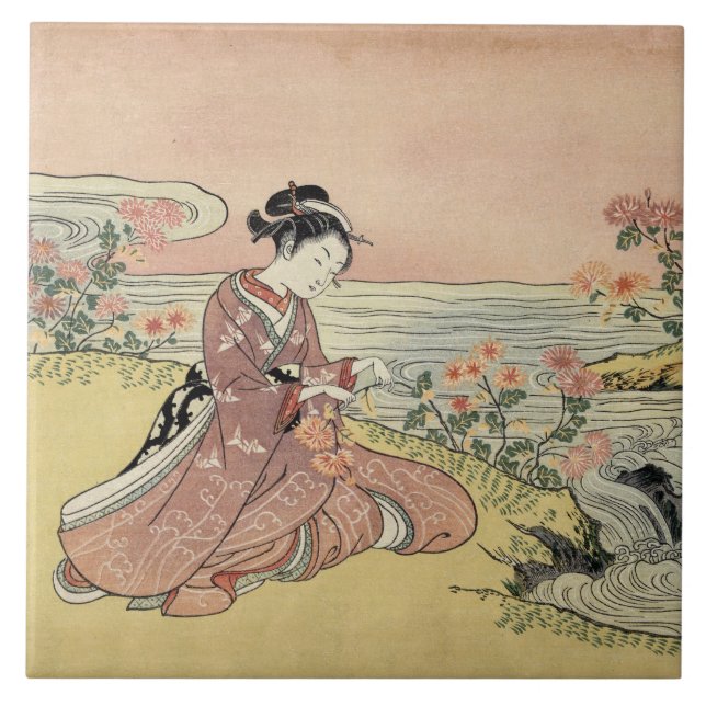 Woman picking chrysanthemums tile (Front)
