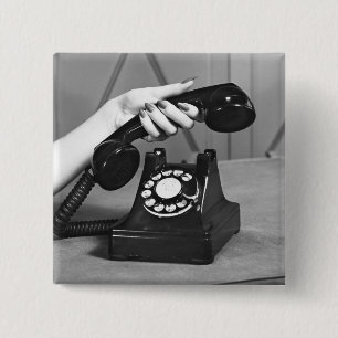 Woman picking up phone close up of hand 15 cm square badge