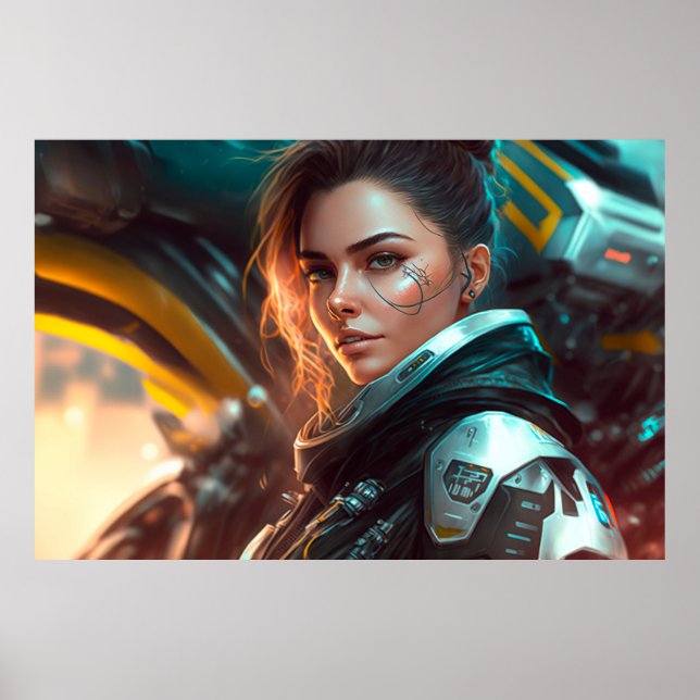 Woman Pilot in a City of the Future Poster (Front)