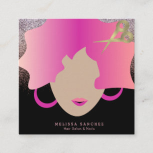 Woman Pink Hair Faux Gold Glitter Salon Beauty Square Business Card