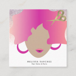 Woman Pink Hair Faux Gold Glitter Salon Beauty Square Business Card