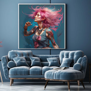 Woman pink hair tattoo dance free poster