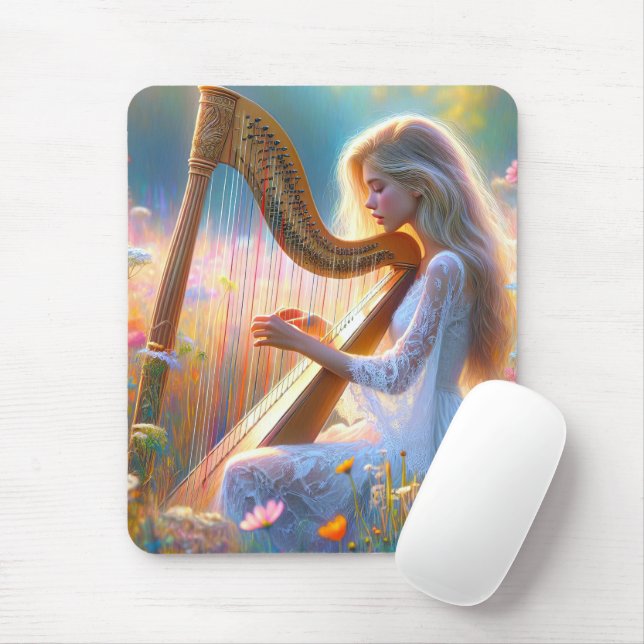 Woman Playing a Harp In Wildflowers Mouse Pad (With Mouse)