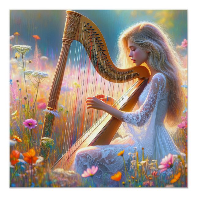 Woman Playing a Harp In Wildflowers Poster (Front)