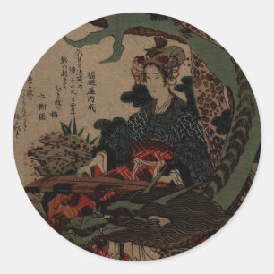 Woman Playing A Koto With A Dragon Classic Round Sticker