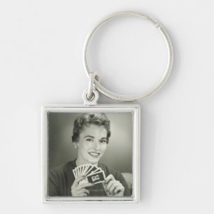 Woman Playing Cards Key Ring