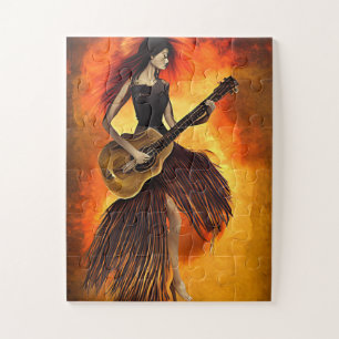 Woman Playing guitar red Sky Abstract original art Jigsaw Puzzle