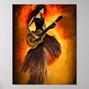 Woman Playing guitar red Sky Abstract original art Poster