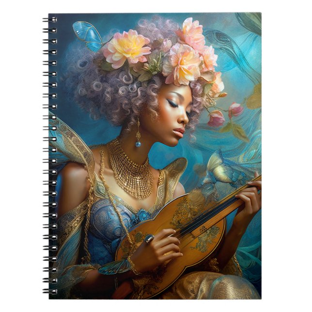 Woman Playing Lute African American Fantasy Art Notebook (Front)
