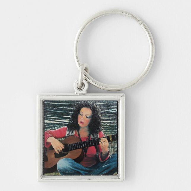 Woman Playing Music With Acoustic Guitar Key Ring (Front)