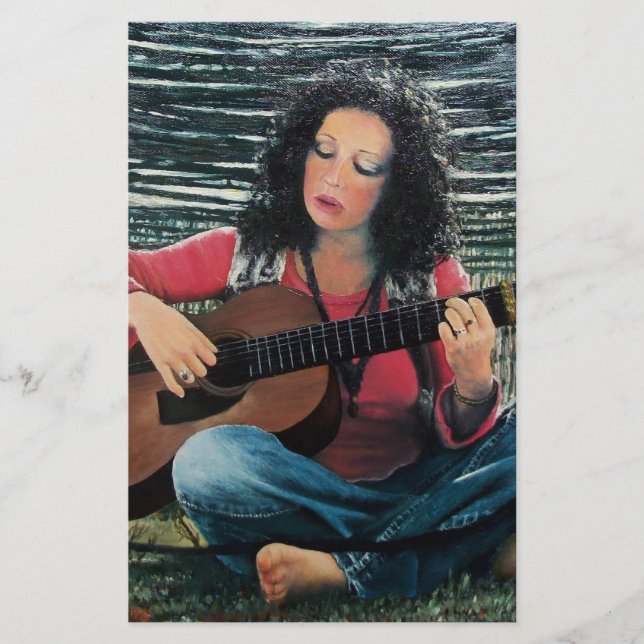 Woman Playing Music With Acoustic Guitar Stationery (Front)