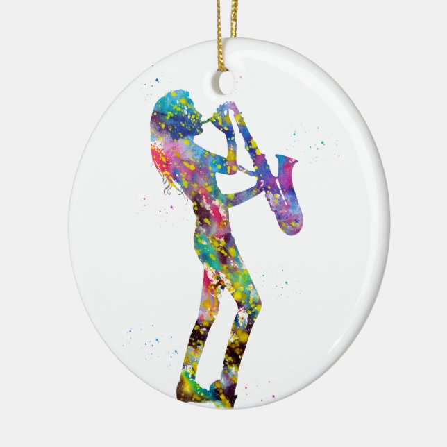 Woman playing saxophone ceramic tree decoration (Left)