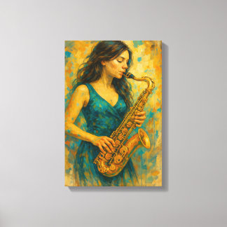 Woman Playing Saxophone in Colourful Abstract Styl Canvas Print
